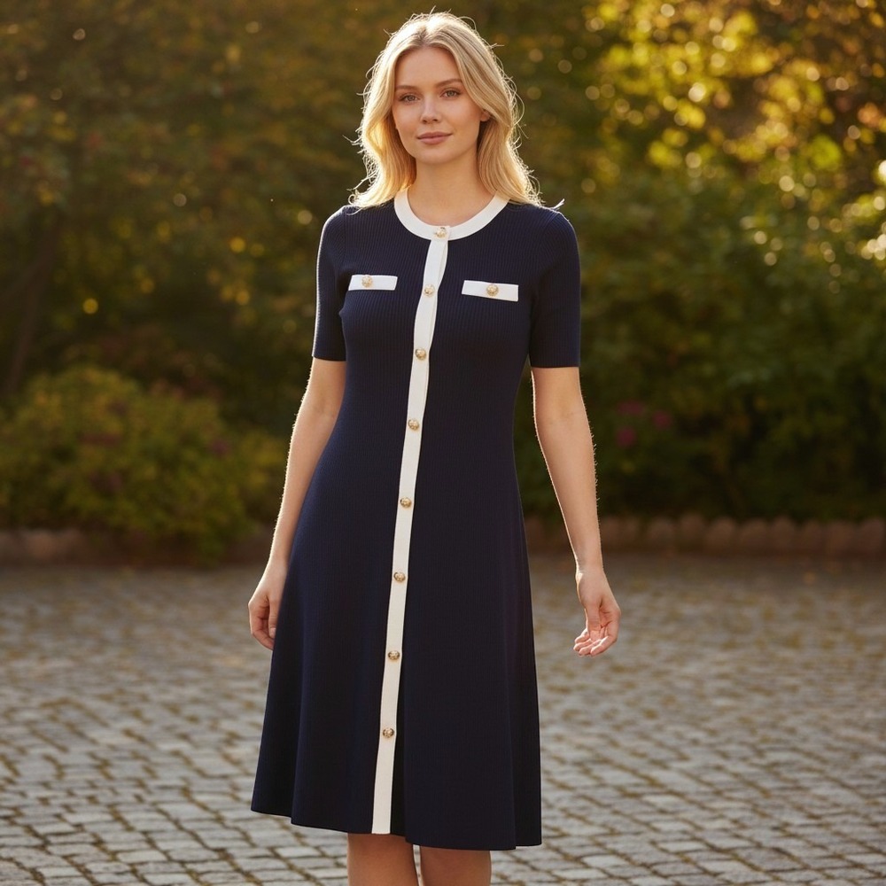 Lipsy London Navy Blue Ribbed Button Detail Mini Dress AF8702944 Size 10 NEW